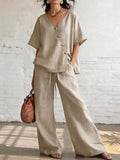 Casual Vacation Loose Cotton-Linen V-Neck Wide-Leg Pants Two-Piece Set