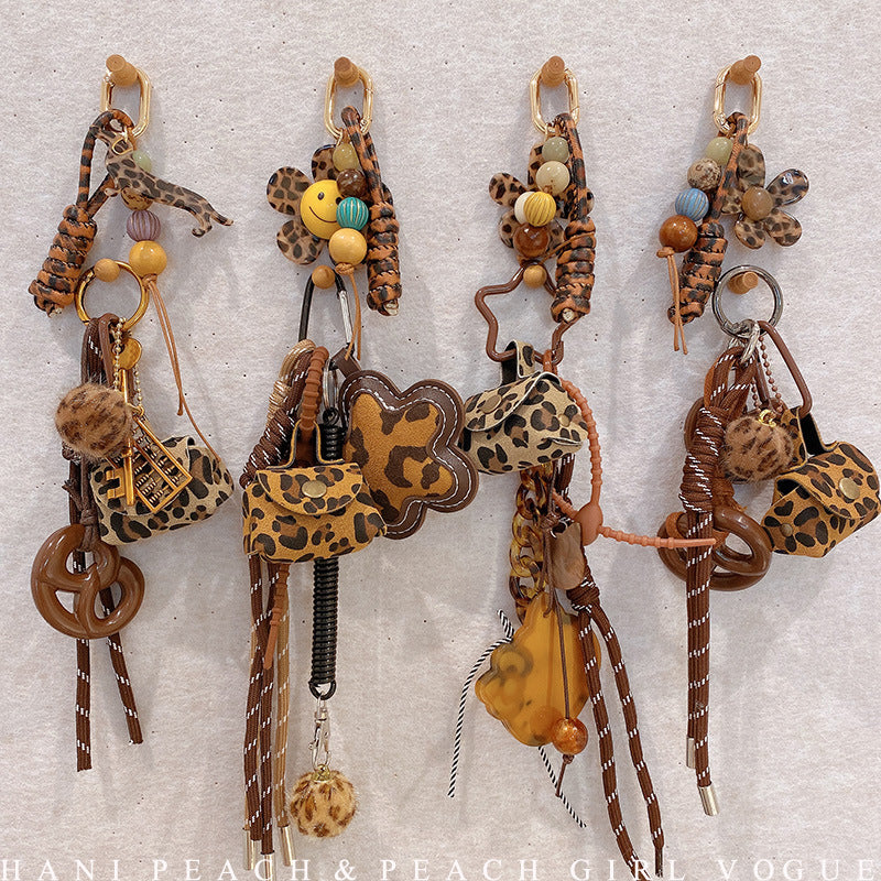 Leopard-print Vintage Braided-rope Keychain Charm