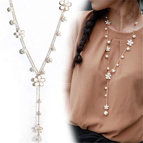 Shining Diva Fashion Jewellery Pearl and Florals Base Metal Pendent Long Chain Pendant Stylish Necklace for Women (White, Golden) (9677np)