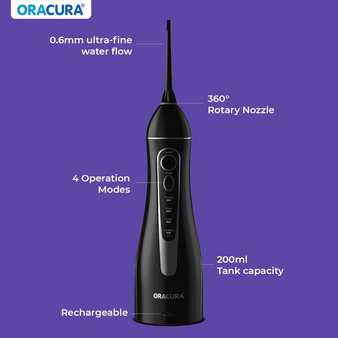 ORACURA® Smart PLUS Water Flosser® OC200 LITE Black comes with 2 Nozzle tips | Portable & Rechargeable | Custom 8 Water Pressure Settings | 200ml Water Tank Capacity | IPX7 Waterproof | 365 Days Warranty