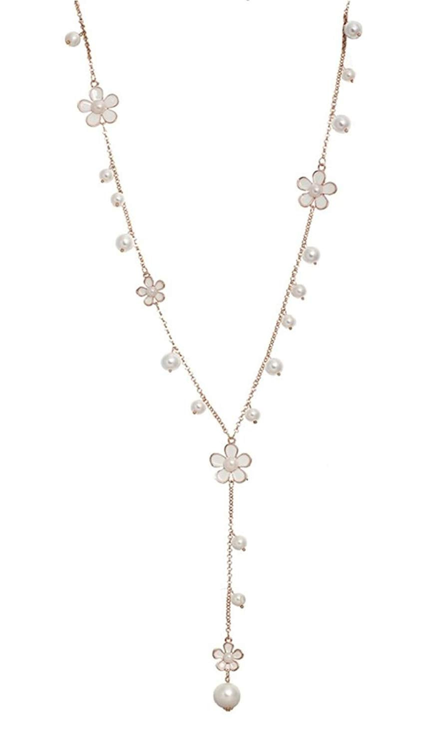 Shining Diva Fashion Jewellery Pearl and Florals Base Metal Pendent Long Chain Pendant Stylish Necklace for Women (White, Golden) (9677np)