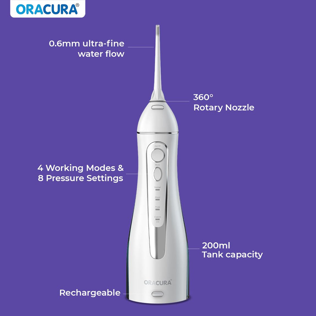 ORACURA® Smart PLUS Water Flosser® OC200 LITE Black comes with 2 Nozzle tips | Portable & Rechargeable | Custom 8 Water Pressure Settings | 200ml Water Tank Capacity | IPX7 Waterproof | 365 Days Warranty