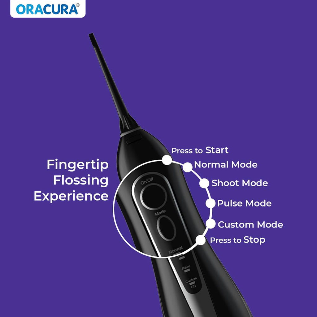 ORACURA® Smart PLUS Water Flosser® OC200 LITE Black comes with 2 Nozzle tips | Portable & Rechargeable | Custom 8 Water Pressure Settings | 200ml Water Tank Capacity | IPX7 Waterproof | 365 Days Warranty