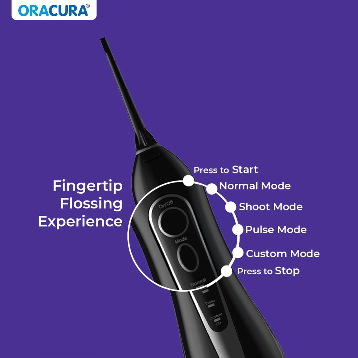 ORACURA® Smart PLUS Water Flosser® OC200 LITE Black comes with 2 Nozzle tips | Portable & Rechargeable | Custom 8 Water Pressure Settings | 200ml Water Tank Capacity | IPX7 Waterproof | 365 Days Warranty