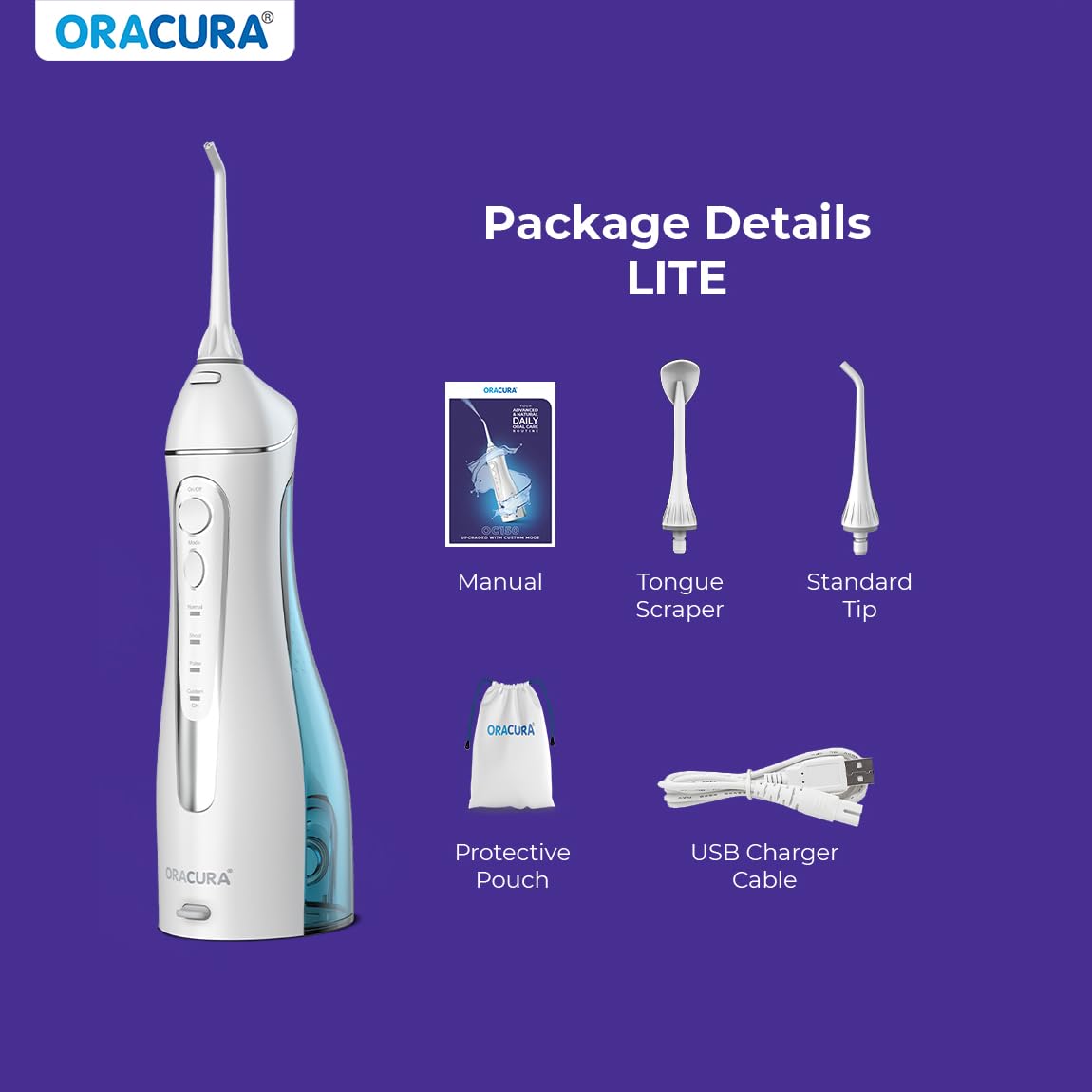 ORACURA® Smart PLUS Water Flosser® OC200 LITE Black comes with 2 Nozzle tips | Portable & Rechargeable | Custom 8 Water Pressure Settings | 200ml Water Tank Capacity | IPX7 Waterproof | 365 Days Warranty