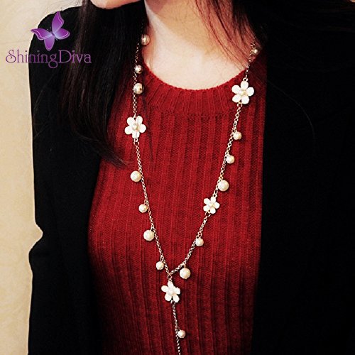 Shining Diva Fashion Jewellery Pearl and Florals Base Metal Pendent Long Chain Pendant Stylish Necklace for Women (White, Golden) (9677np)
