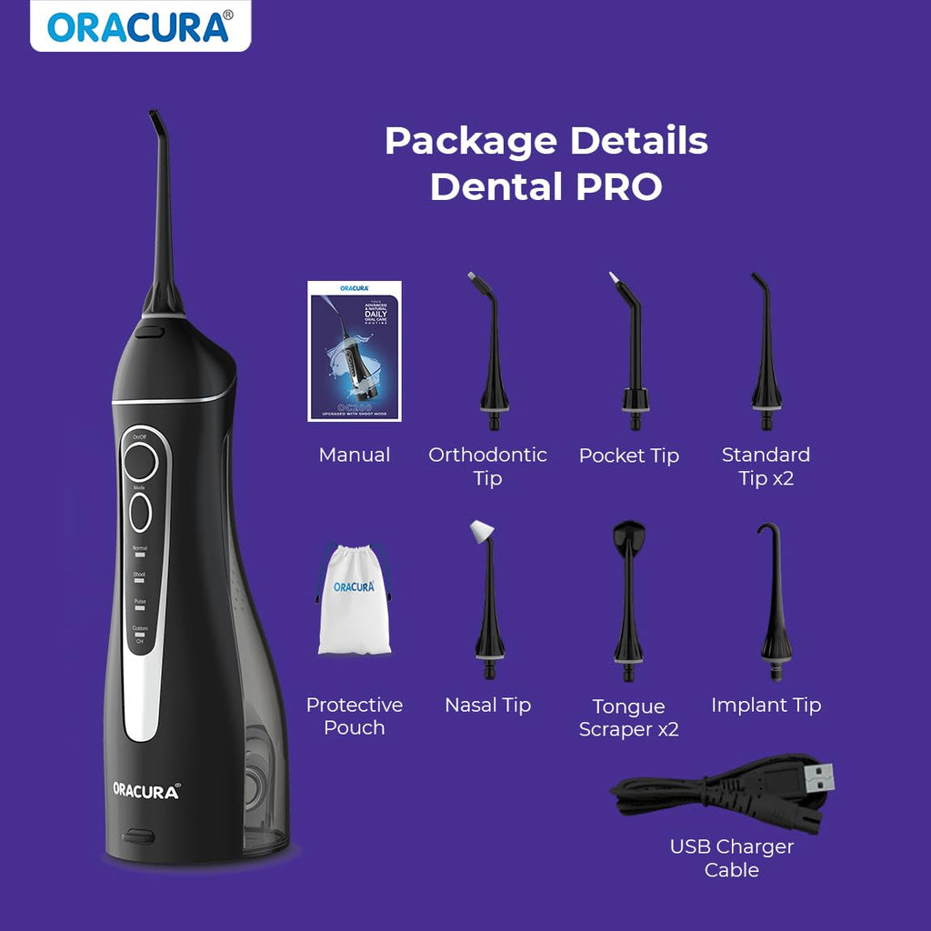 ORACURA® Smart PLUS Water Flosser® OC200 LITE Black comes with 2 Nozzle tips | Portable & Rechargeable | Custom 8 Water Pressure Settings | 200ml Water Tank Capacity | IPX7 Waterproof | 365 Days Warranty