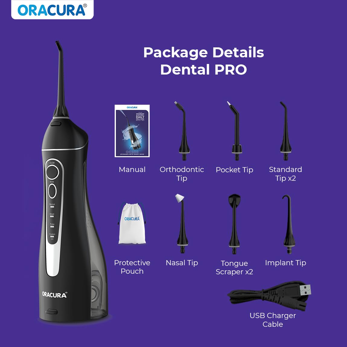 ORACURA® Smart PLUS Water Flosser® OC200 LITE Black comes with 2 Nozzle tips | Portable & Rechargeable | Custom 8 Water Pressure Settings | 200ml Water Tank Capacity | IPX7 Waterproof | 365 Days Warranty