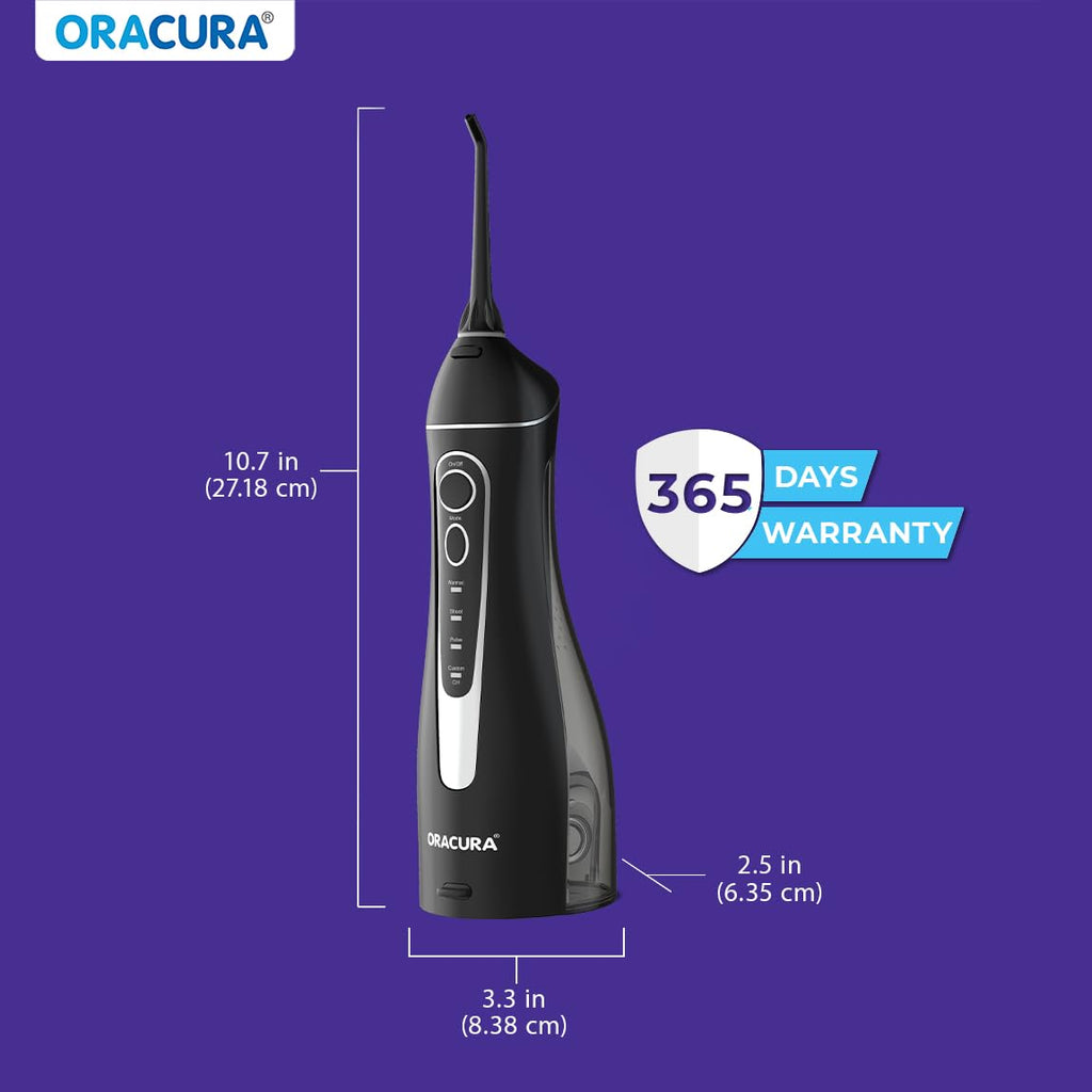 ORACURA® Smart PLUS Water Flosser® OC200 LITE Black comes with 2 Nozzle tips | Portable & Rechargeable | Custom 8 Water Pressure Settings | 200ml Water Tank Capacity | IPX7 Waterproof | 365 Days Warranty
