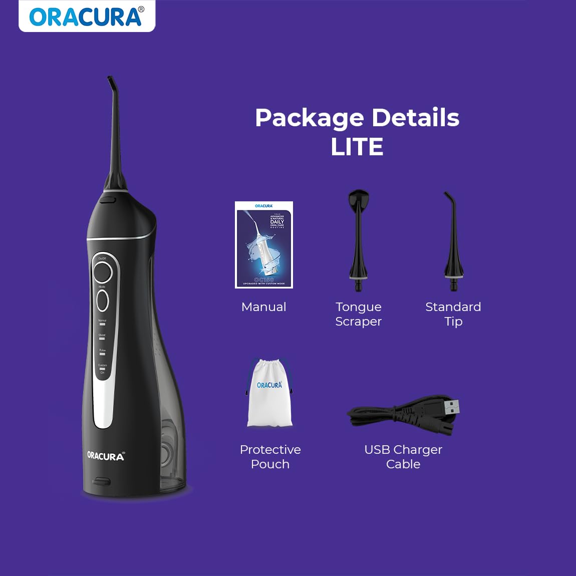 ORACURA® Smart PLUS Water Flosser® OC200 LITE Black comes with 2 Nozzle tips | Portable & Rechargeable | Custom 8 Water Pressure Settings | 200ml Water Tank Capacity | IPX7 Waterproof | 365 Days Warranty