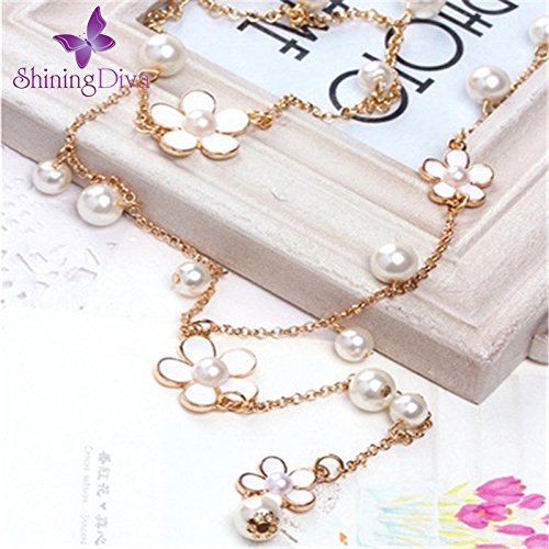 Shining Diva Fashion Jewellery Pearl and Florals Base Metal Pendent Long Chain Pendant Stylish Necklace for Women (White, Golden) (9677np)
