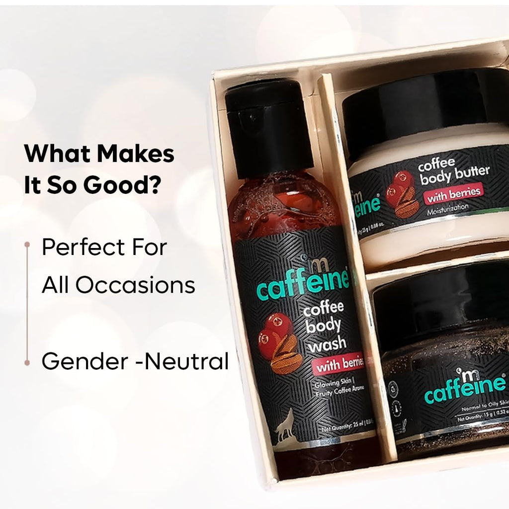 mCaffeine Body Care Gift Set for Women & Men | Bodywash Gift Box with Berries Body Wash, Body Scrub & Body Butter | Hydrating, Moisturizing Skin Care Kit for Birthday , Anniversary Gifts | Hampers for Him & Her for all special occasions