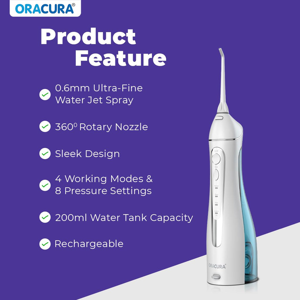 ORACURA® Smart PLUS Water Flosser® OC200 LITE Black comes with 2 Nozzle tips | Portable & Rechargeable | Custom 8 Water Pressure Settings | 200ml Water Tank Capacity | IPX7 Waterproof | 365 Days Warranty