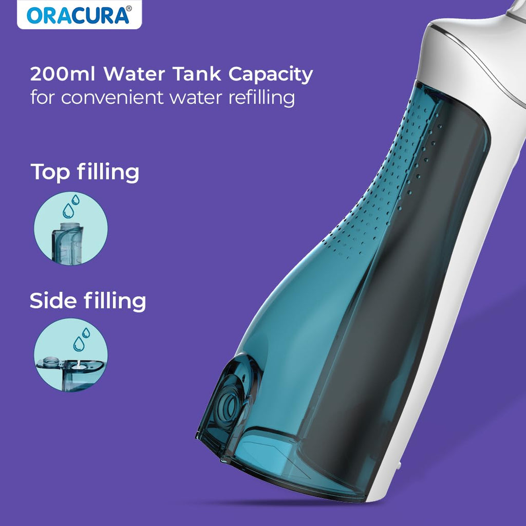 ORACURA® Smart PLUS Water Flosser® OC200 LITE Black comes with 2 Nozzle tips | Portable & Rechargeable | Custom 8 Water Pressure Settings | 200ml Water Tank Capacity | IPX7 Waterproof | 365 Days Warranty