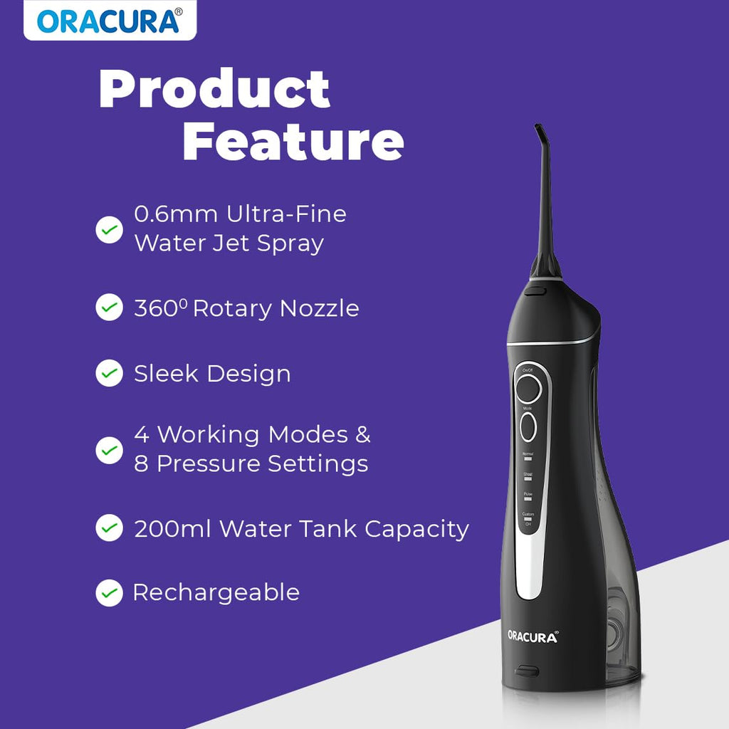 ORACURA® Smart PLUS Water Flosser® OC200 LITE Black comes with 2 Nozzle tips | Portable & Rechargeable | Custom 8 Water Pressure Settings | 200ml Water Tank Capacity | IPX7 Waterproof | 365 Days Warranty