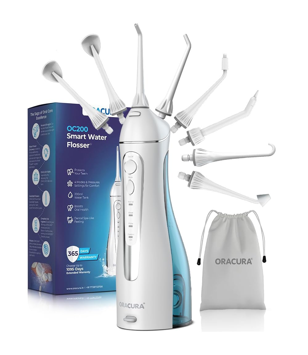 ORACURA® Smart PLUS Water Flosser® OC200 LITE Black comes with 2 Nozzle tips | Portable & Rechargeable | Custom 8 Water Pressure Settings | 200ml Water Tank Capacity | IPX7 Waterproof | 365 Days Warranty