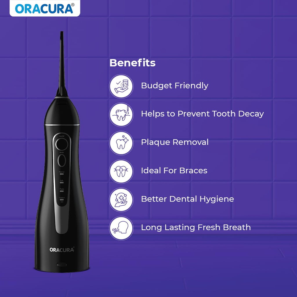 ORACURA® Smart PLUS Water Flosser® OC200 LITE Black comes with 2 Nozzle tips | Portable & Rechargeable | Custom 8 Water Pressure Settings | 200ml Water Tank Capacity | IPX7 Waterproof | 365 Days Warranty