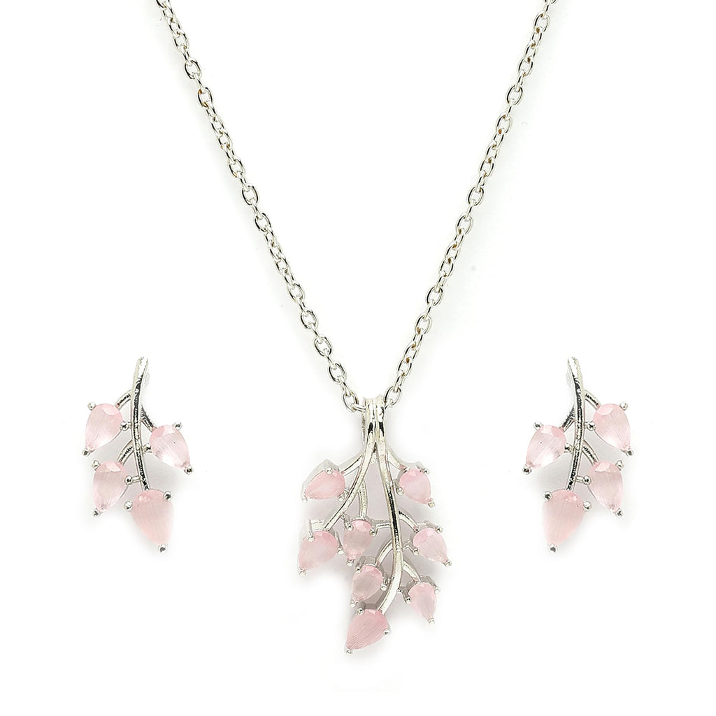 ZENEME Rhodium Plated Silver Toned American Diamond Studded Shimmery Leaf Pendant & Earring Jewellery Set for Women & Gifts For Girls