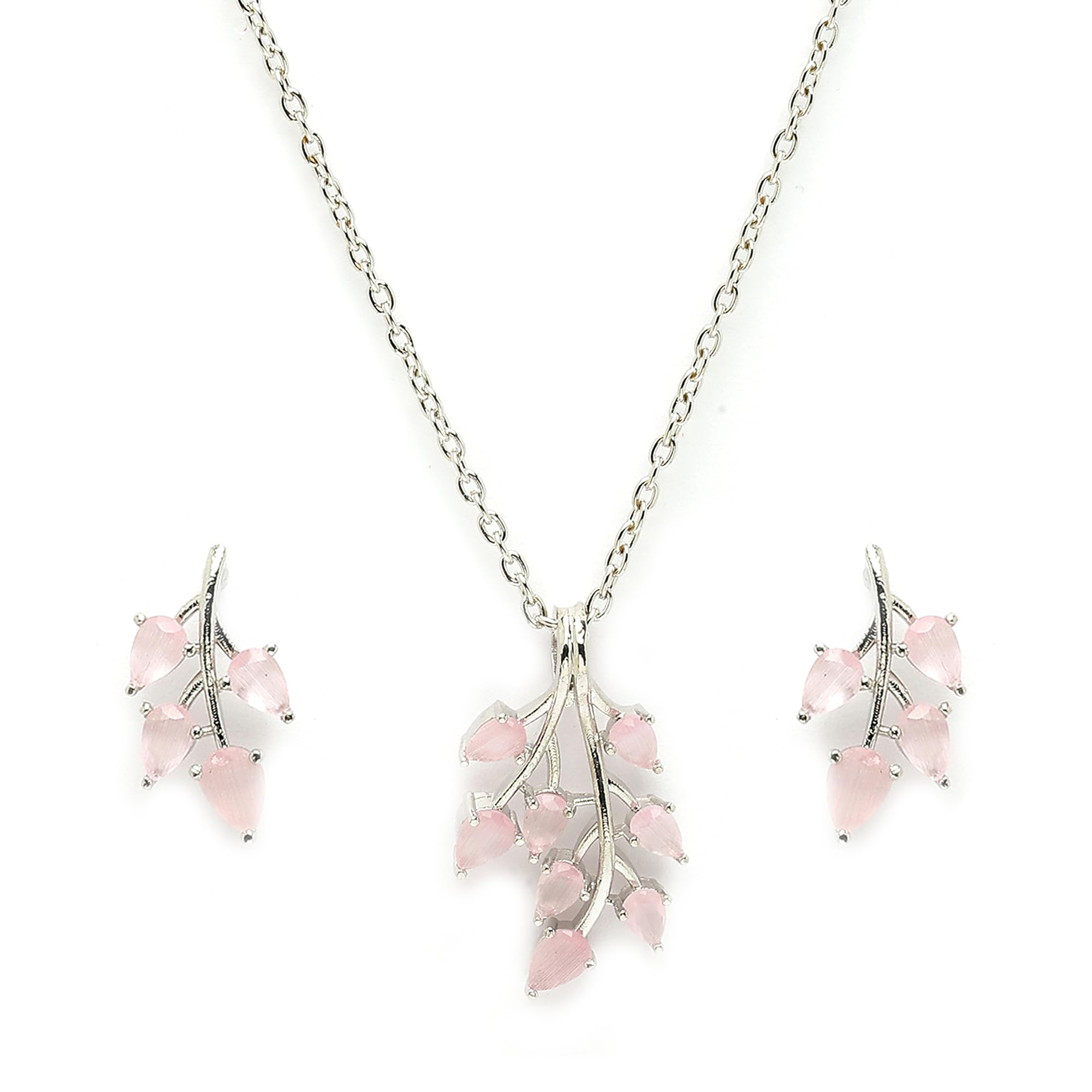 ZENEME Rhodium Plated Silver Toned American Diamond Studded Shimmery Leaf Pendant & Earring Jewellery Set for Women & Gifts For Girls