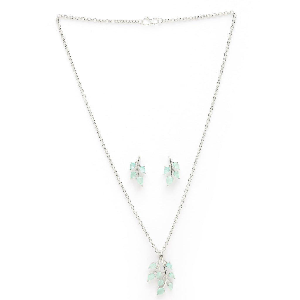 ZENEME Rhodium Plated Silver Toned American Diamond Studded Shimmery Leaf Pendant & Earring Jewellery Set for Women & Gifts For Girls