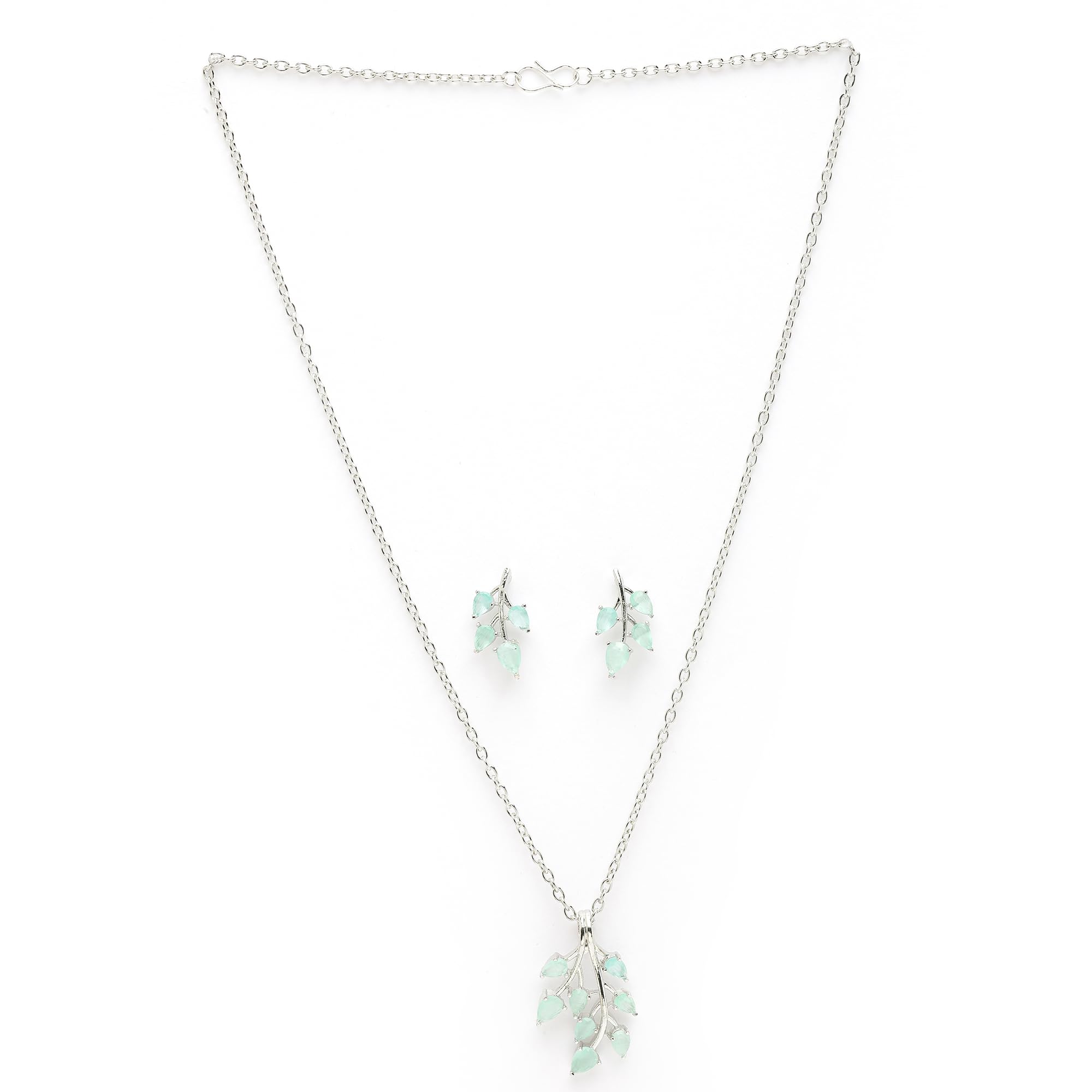 ZENEME Rhodium Plated Silver Toned American Diamond Studded Shimmery Leaf Pendant & Earring Jewellery Set for Women & Gifts For Girls