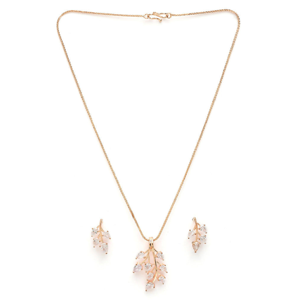 ZENEME Rhodium Plated Silver Toned American Diamond Studded Shimmery Leaf Pendant & Earring Jewellery Set for Women & Gifts For Girls