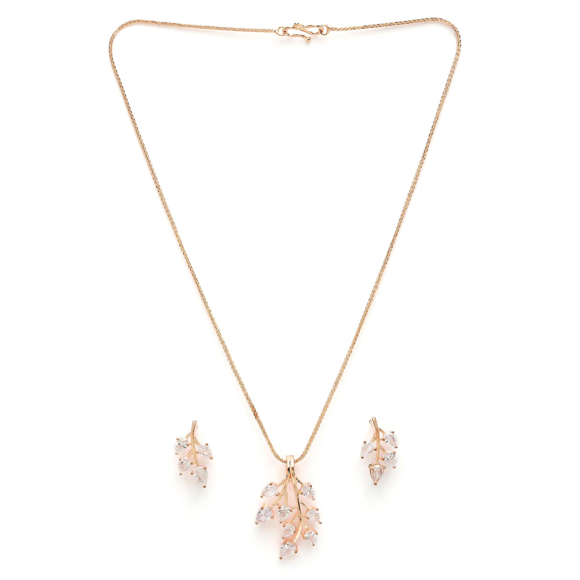 ZENEME Rhodium Plated Silver Toned American Diamond Studded Shimmery Leaf Pendant & Earring Jewellery Set for Women & Gifts For Girls