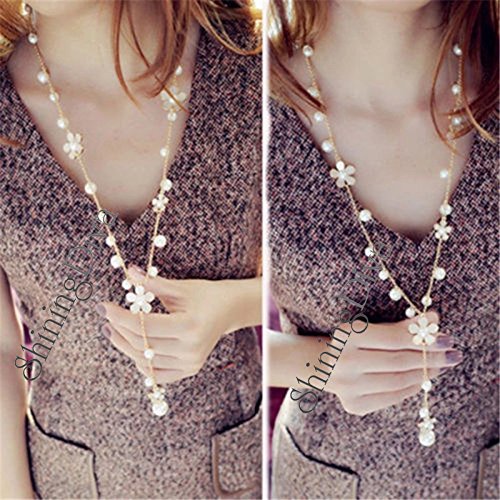 Shining Diva Fashion Jewellery Pearl and Florals Base Metal Pendent Long Chain Pendant Stylish Necklace for Women (White, Golden) (9677np)