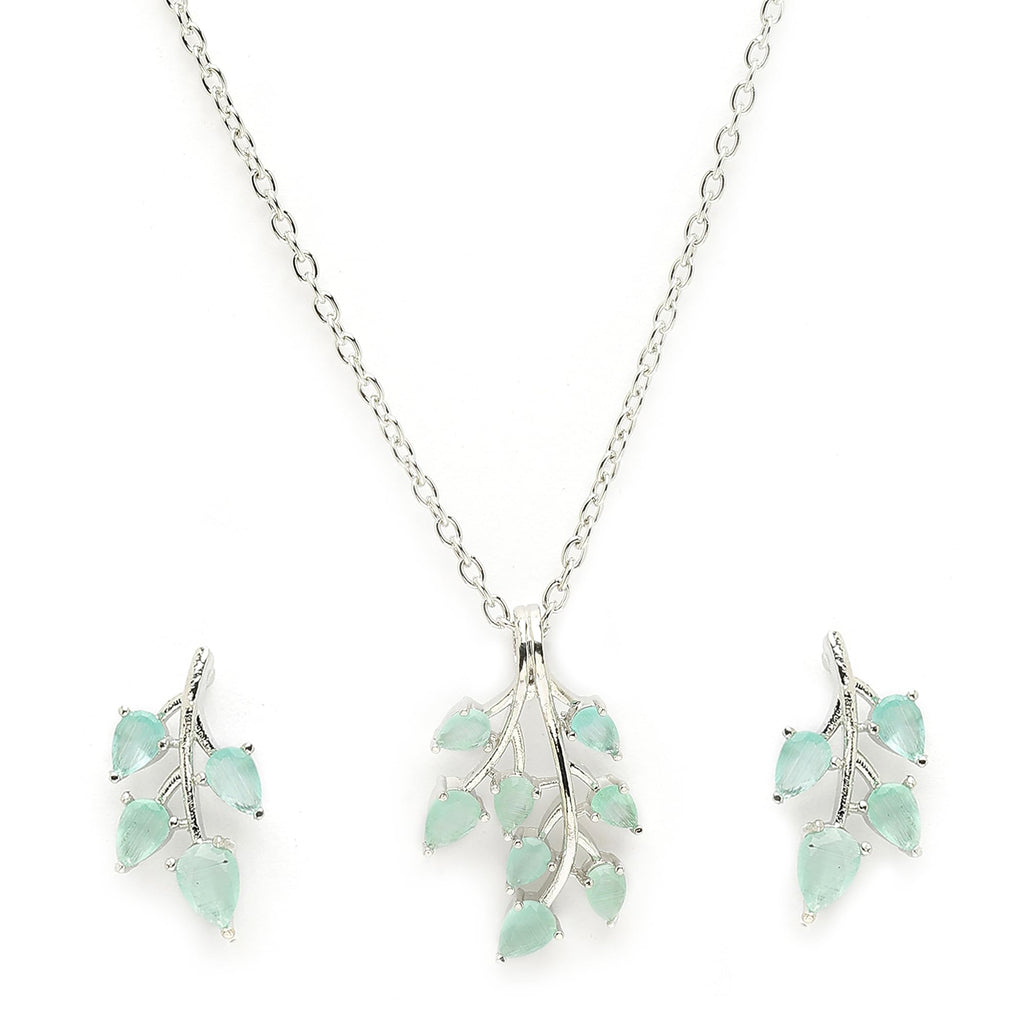 ZENEME Rhodium Plated Silver Toned American Diamond Studded Shimmery Leaf Pendant & Earring Jewellery Set for Women & Gifts For Girls