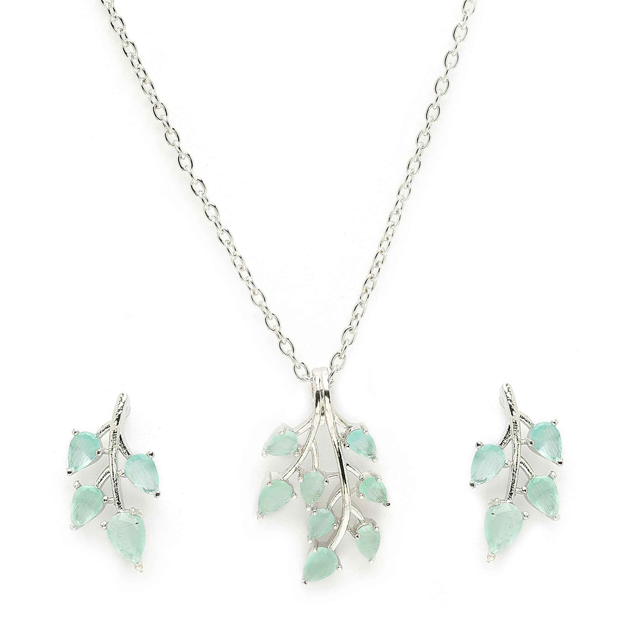 ZENEME Rhodium Plated Silver Toned American Diamond Studded Shimmery Leaf Pendant & Earring Jewellery Set for Women & Gifts For Girls