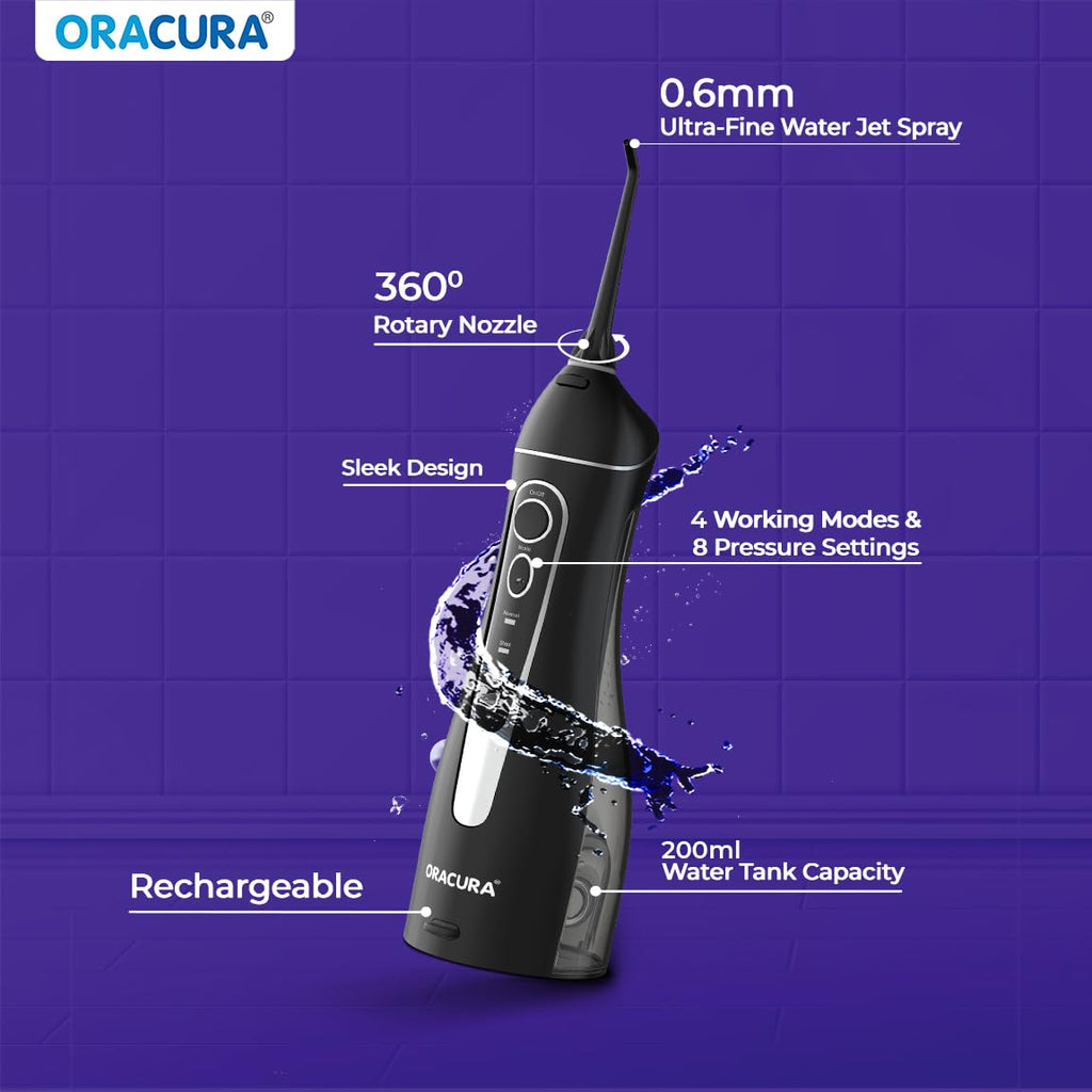 ORACURA® Smart PLUS Water Flosser® OC200 LITE Black comes with 2 Nozzle tips | Portable & Rechargeable | Custom 8 Water Pressure Settings | 200ml Water Tank Capacity | IPX7 Waterproof | 365 Days Warranty