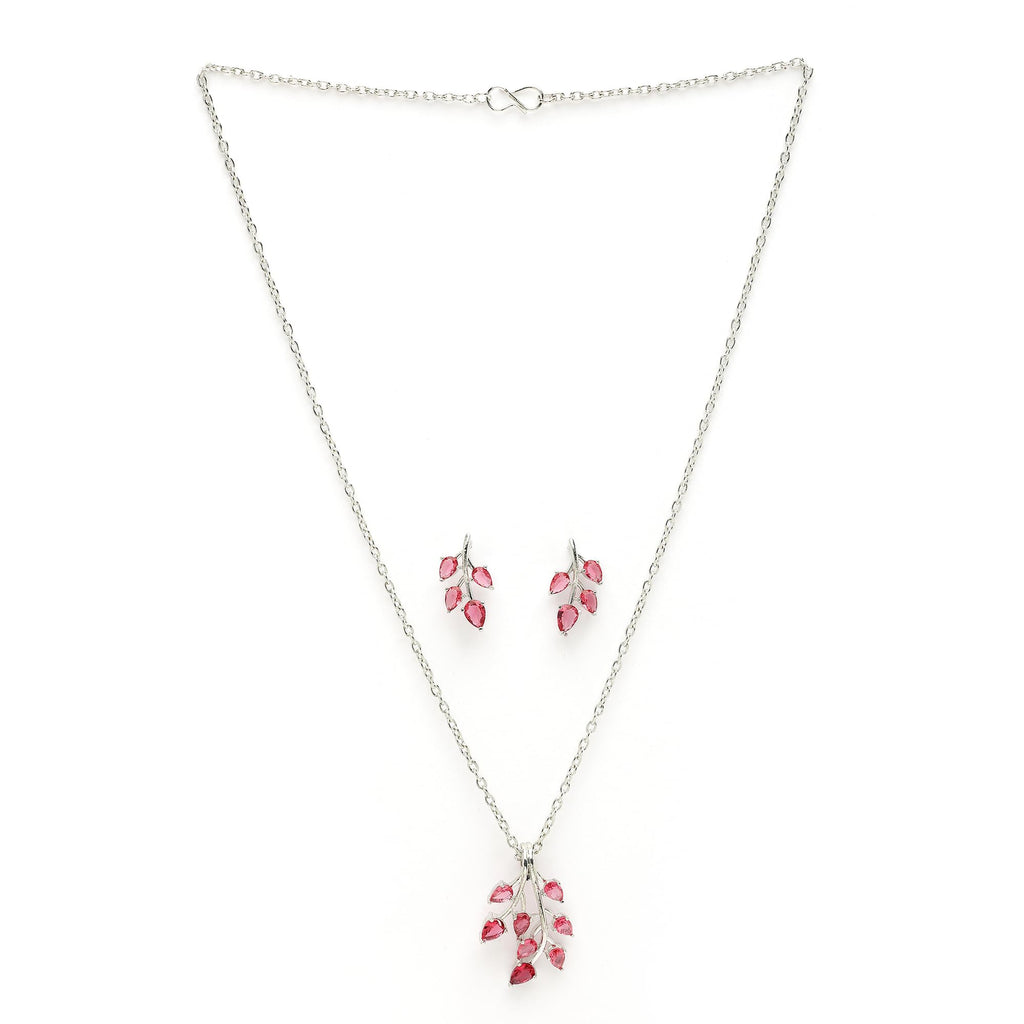 ZENEME Rhodium Plated Silver Toned American Diamond Studded Shimmery Leaf Pendant & Earring Jewellery Set for Women & Gifts For Girls