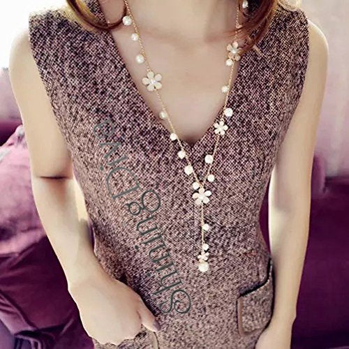 Shining Diva Fashion Jewellery Pearl and Florals Base Metal Pendent Long Chain Pendant Stylish Necklace for Women (White, Golden) (9677np)