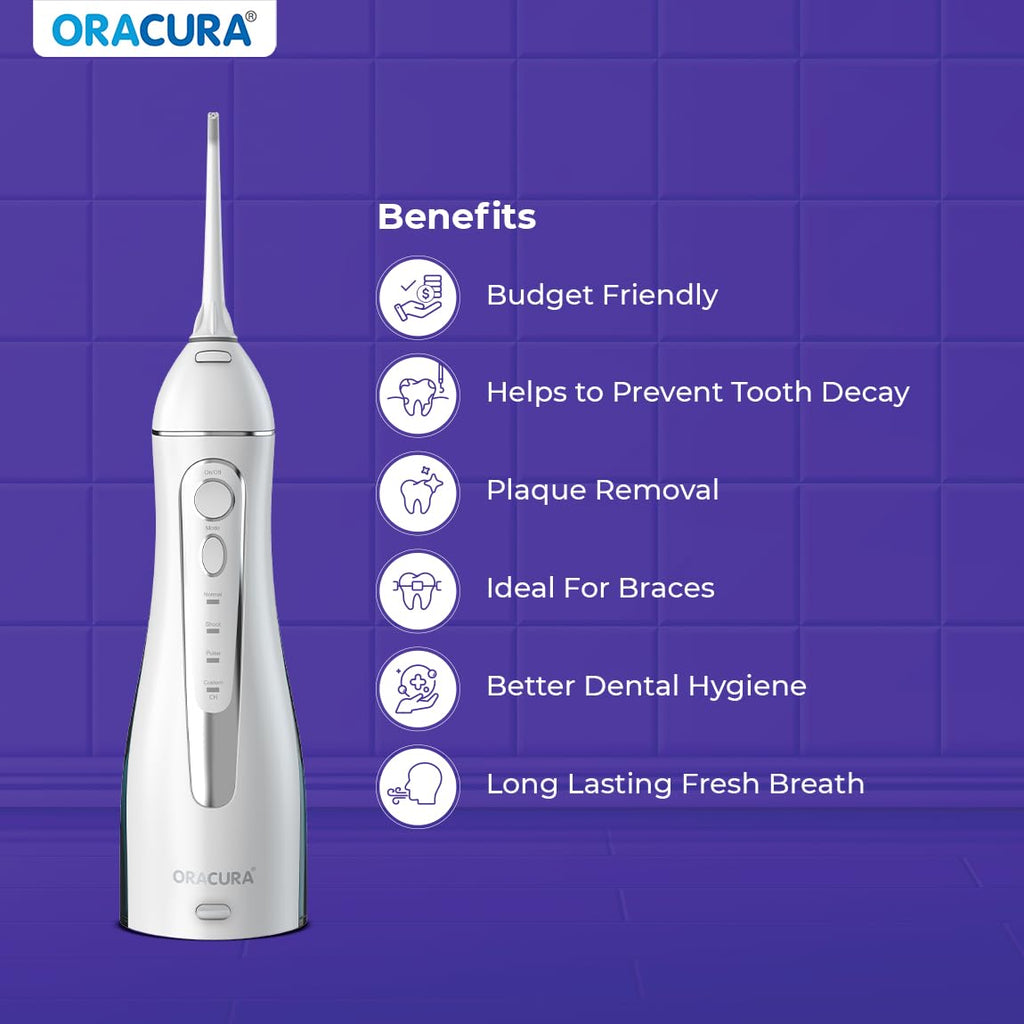 ORACURA® Smart PLUS Water Flosser® OC200 LITE Black comes with 2 Nozzle tips | Portable & Rechargeable | Custom 8 Water Pressure Settings | 200ml Water Tank Capacity | IPX7 Waterproof | 365 Days Warranty