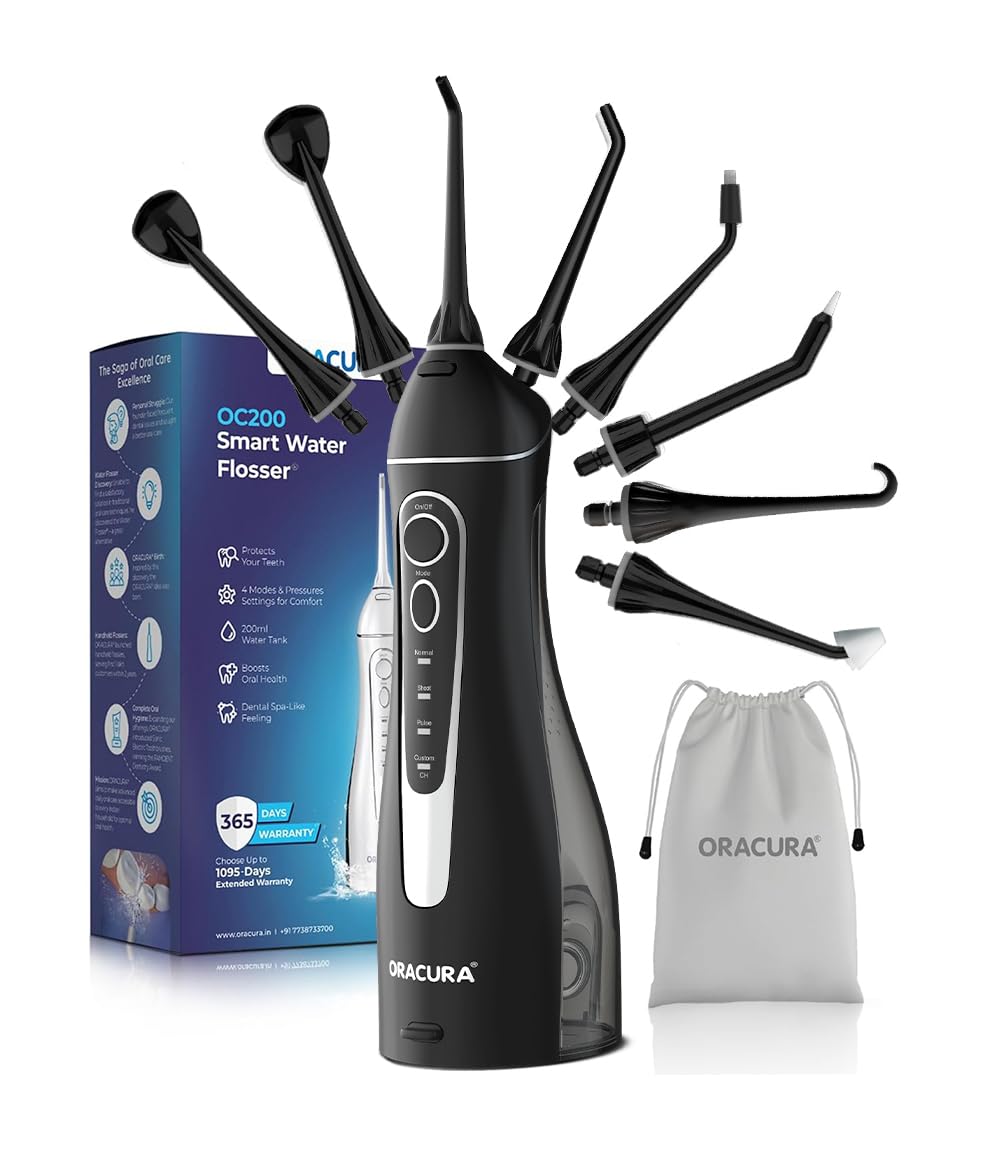 ORACURA® Smart PLUS Water Flosser® OC200 LITE Black comes with 2 Nozzle tips | Portable & Rechargeable | Custom 8 Water Pressure Settings | 200ml Water Tank Capacity | IPX7 Waterproof | 365 Days Warranty