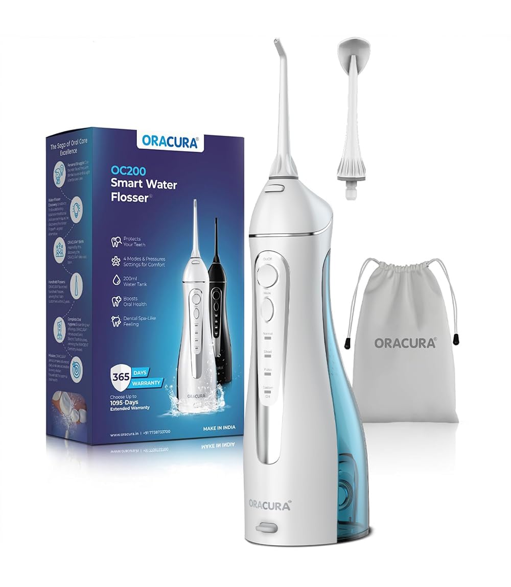ORACURA® Smart PLUS Water Flosser® OC200 LITE Black comes with 2 Nozzle tips | Portable & Rechargeable | Custom 8 Water Pressure Settings | 200ml Water Tank Capacity | IPX7 Waterproof | 365 Days Warranty