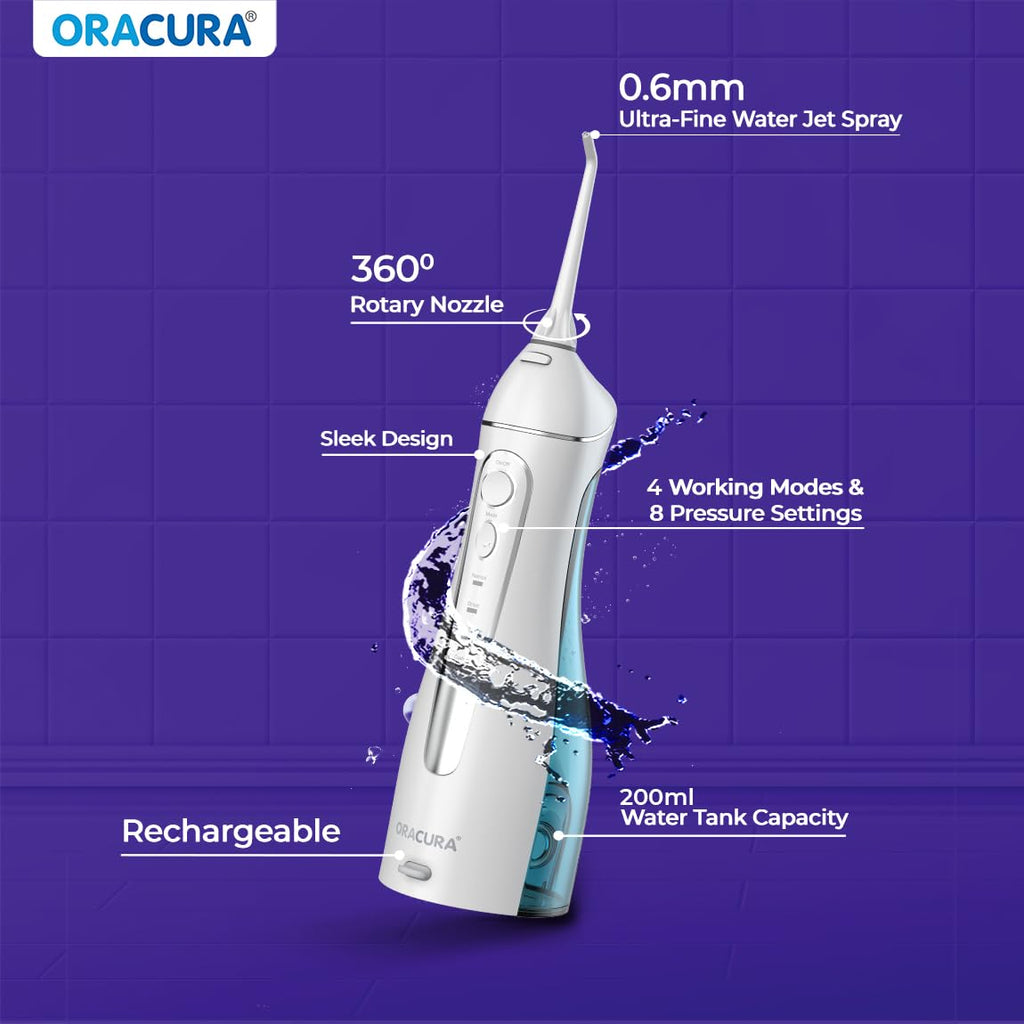 ORACURA® Smart PLUS Water Flosser® OC200 LITE Black comes with 2 Nozzle tips | Portable & Rechargeable | Custom 8 Water Pressure Settings | 200ml Water Tank Capacity | IPX7 Waterproof | 365 Days Warranty