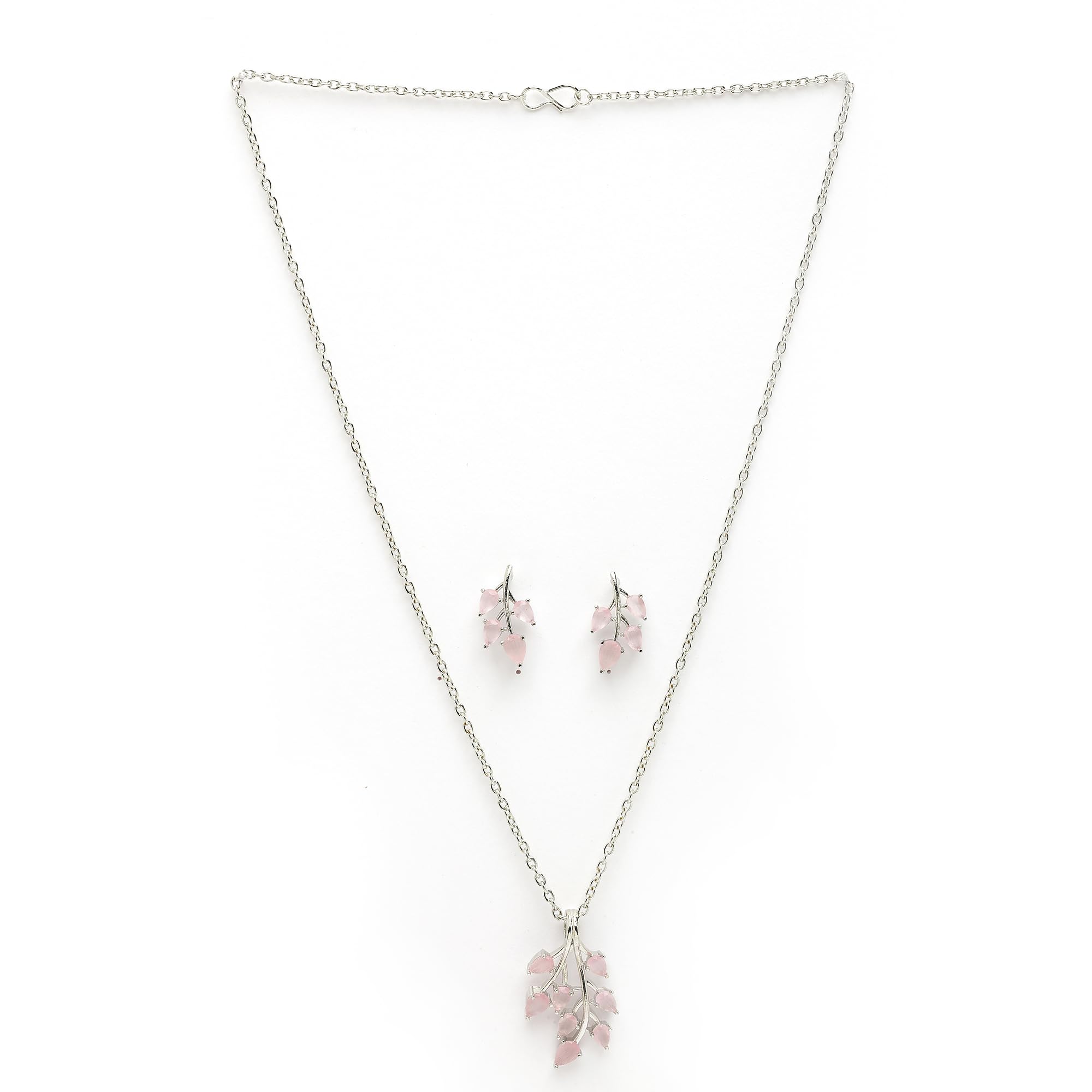 ZENEME Rhodium Plated Silver Toned American Diamond Studded Shimmery Leaf Pendant & Earring Jewellery Set for Women & Gifts For Girls