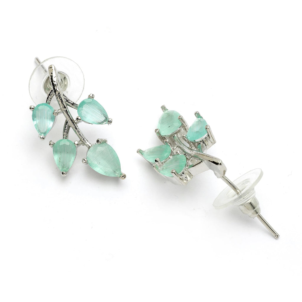 ZENEME Rhodium Plated Silver Toned American Diamond Studded Shimmery Leaf Pendant & Earring Jewellery Set for Women & Gifts For Girls