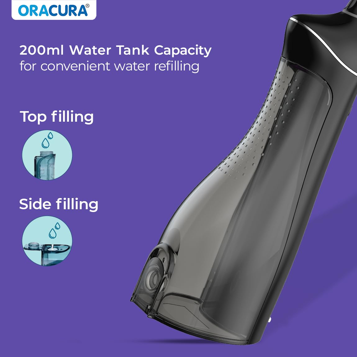 ORACURA® Smart PLUS Water Flosser® OC200 LITE Black comes with 2 Nozzle tips | Portable & Rechargeable | Custom 8 Water Pressure Settings | 200ml Water Tank Capacity | IPX7 Waterproof | 365 Days Warranty