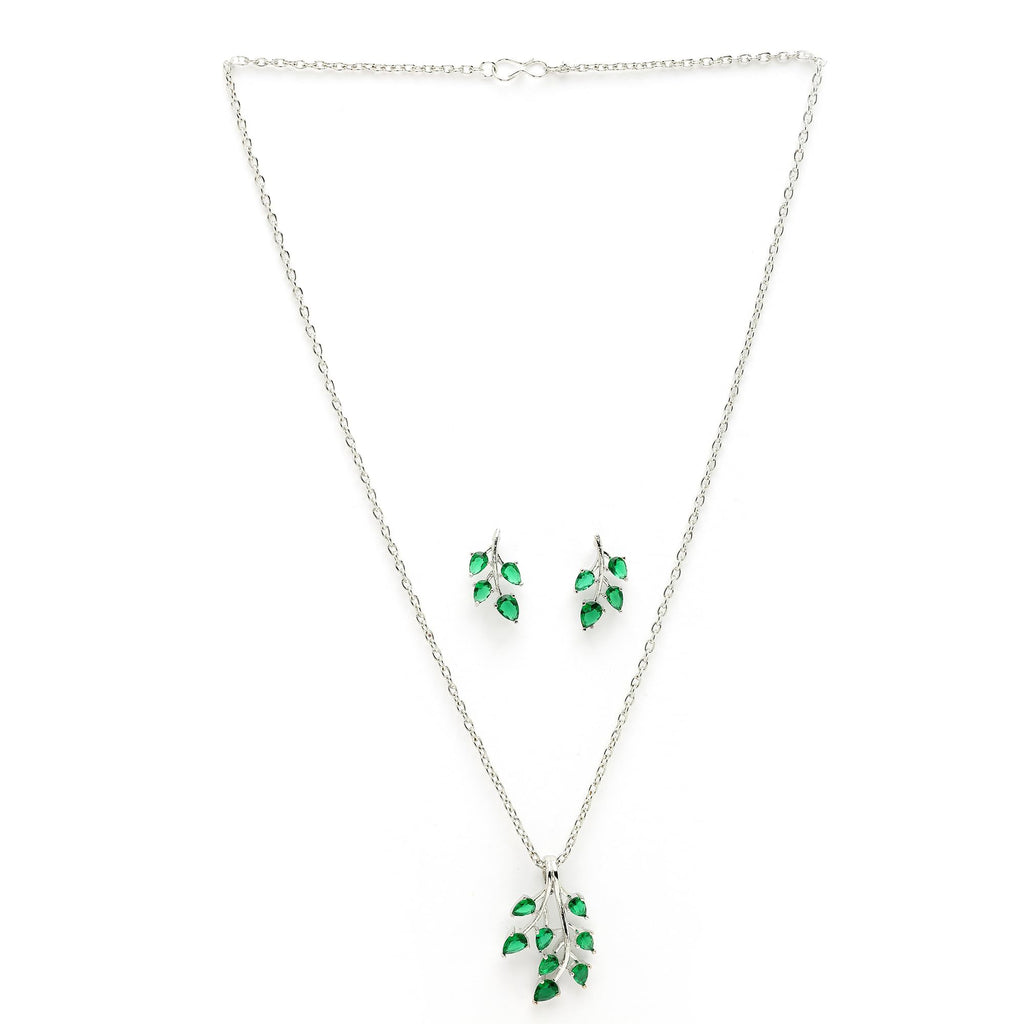 ZENEME Rhodium Plated Silver Toned American Diamond Studded Shimmery Leaf Pendant & Earring Jewellery Set for Women & Gifts For Girls