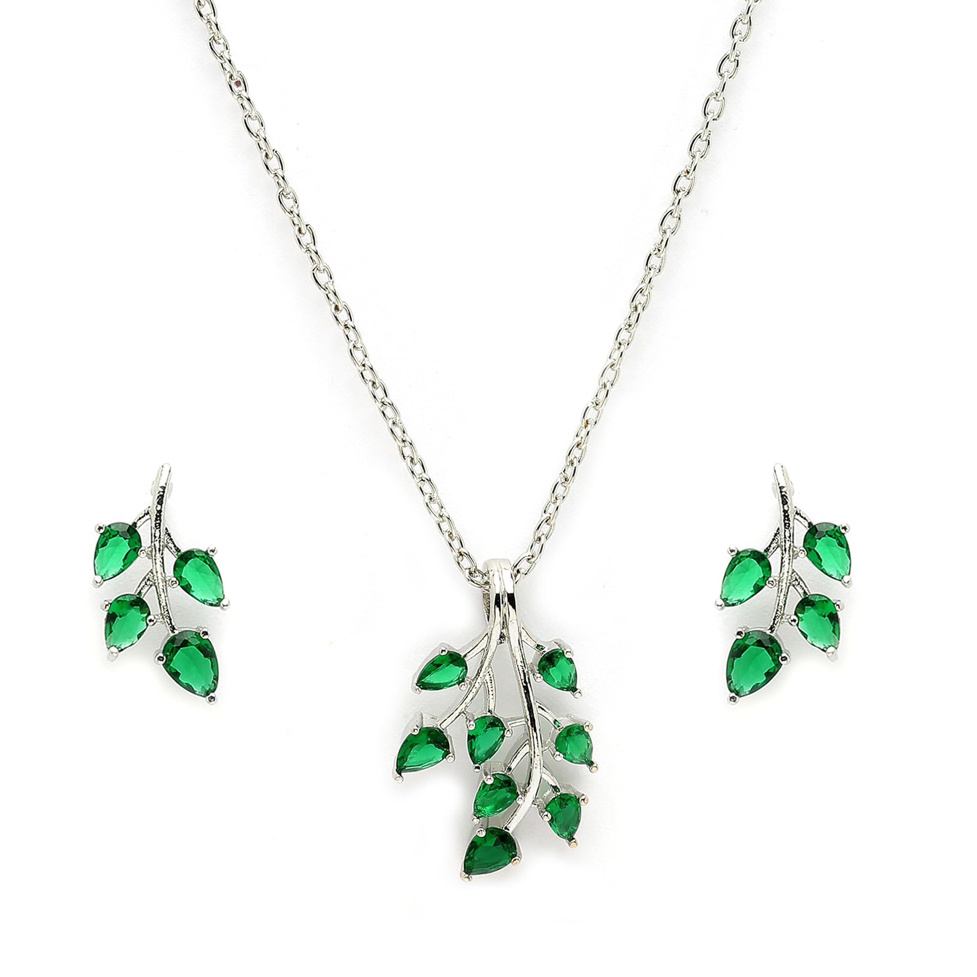 ZENEME Rhodium Plated Silver Toned American Diamond Studded Shimmery Leaf Pendant & Earring Jewellery Set for Women & Gifts For Girls