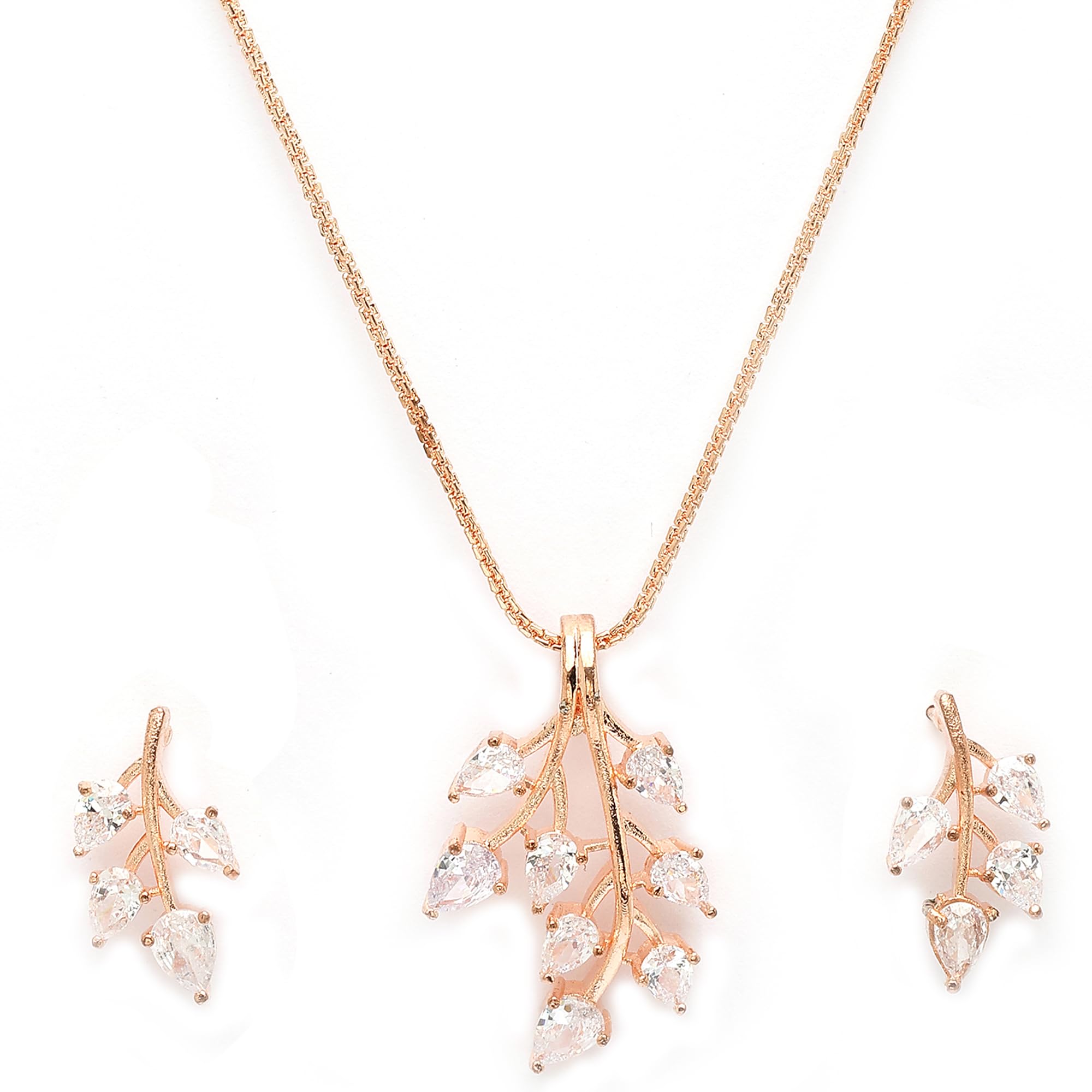 ZENEME Rhodium Plated Silver Toned American Diamond Studded Shimmery Leaf Pendant & Earring Jewellery Set for Women & Gifts For Girls