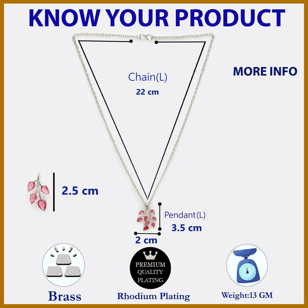 ZENEME Rhodium Plated Silver Toned American Diamond Studded Shimmery Leaf Pendant & Earring Jewellery Set for Women & Gifts For Girls
