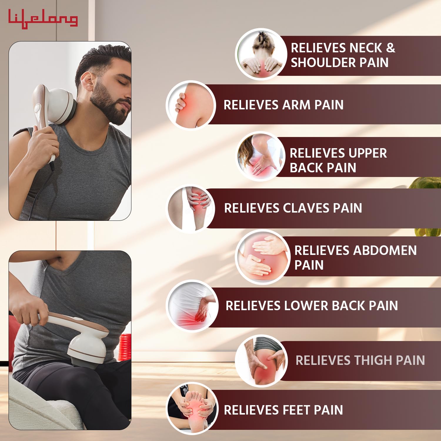 Lifelong Full Body Massager Machine for Pain Relief | Body & Back Pain Relief Product | Handheld Electric Manipol Mini Massager | 5-Speed Settings | Best Gift for Women & Men (LLM270, Brown)