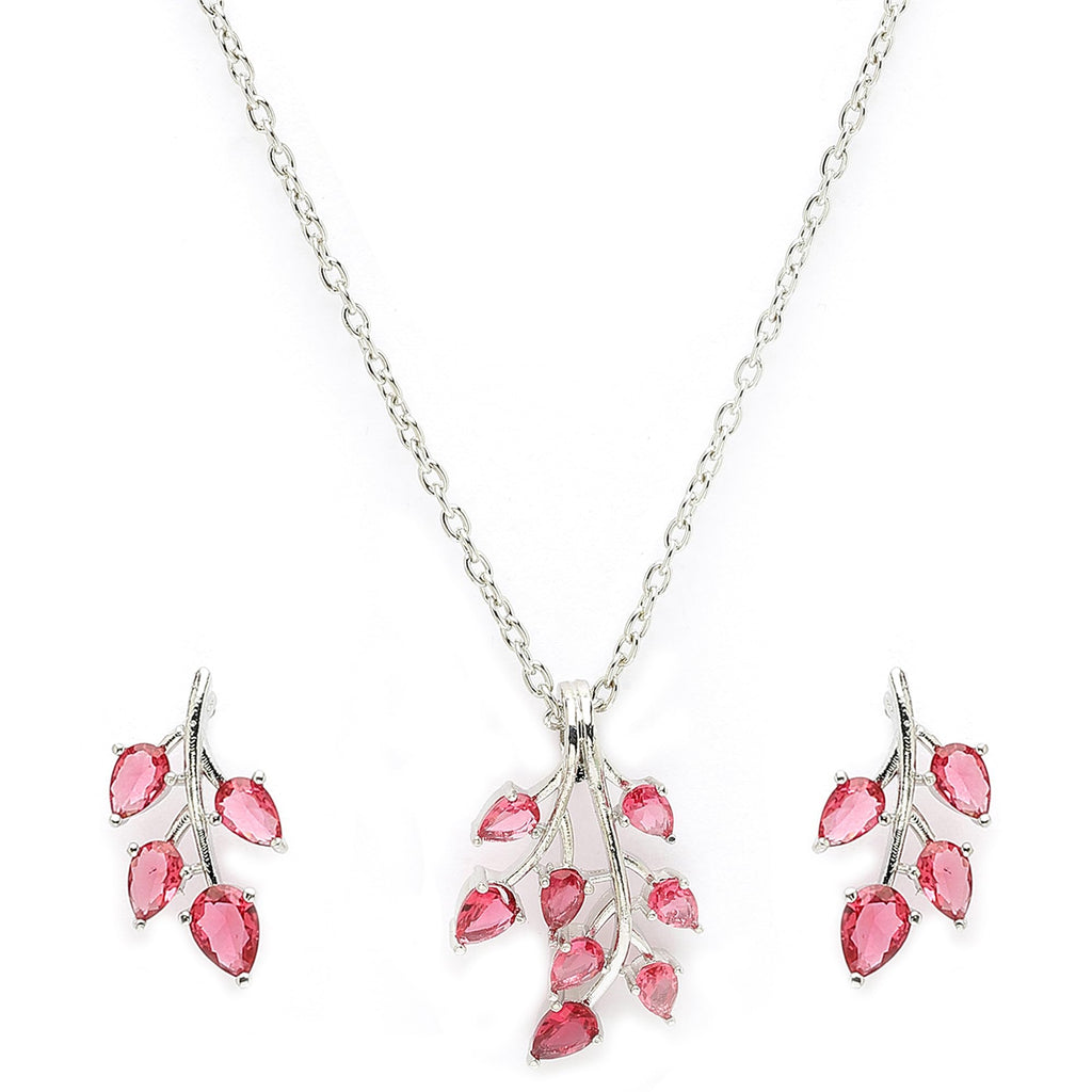 ZENEME Rhodium Plated Silver Toned American Diamond Studded Shimmery Leaf Pendant & Earring Jewellery Set for Women & Gifts For Girls