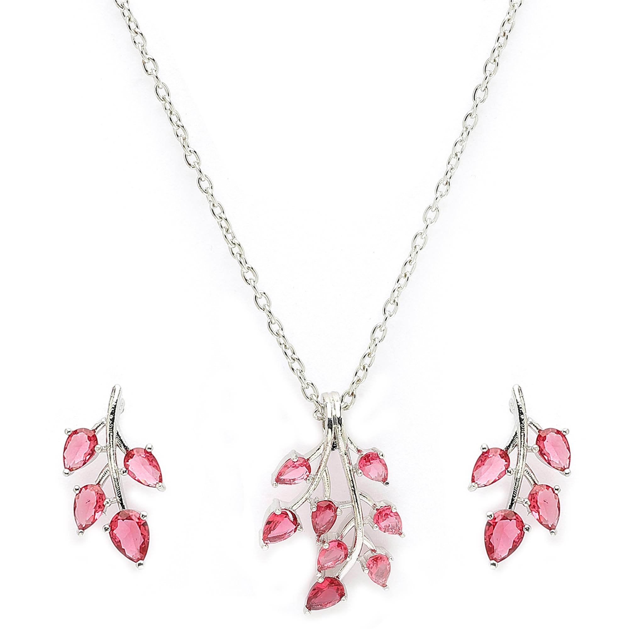 ZENEME Rhodium Plated Silver Toned American Diamond Studded Shimmery Leaf Pendant & Earring Jewellery Set for Women & Gifts For Girls