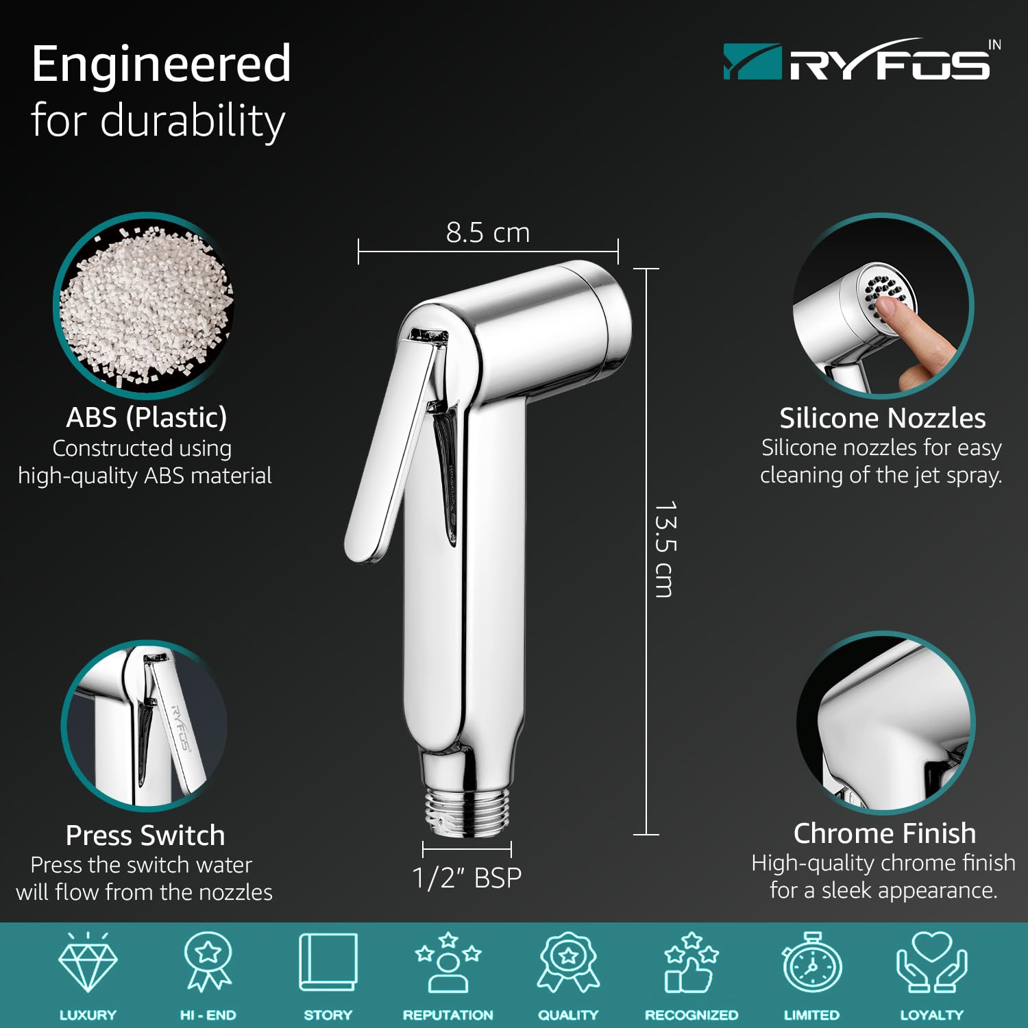 India’s 1st Brand with Lifetime Support, R1005HF ABS Health Faucet, Jet Spray for Toilet with 1-1.2 Mtr SS-304 Flexible Hose Pipe & Wall Hook, Chrome Finish