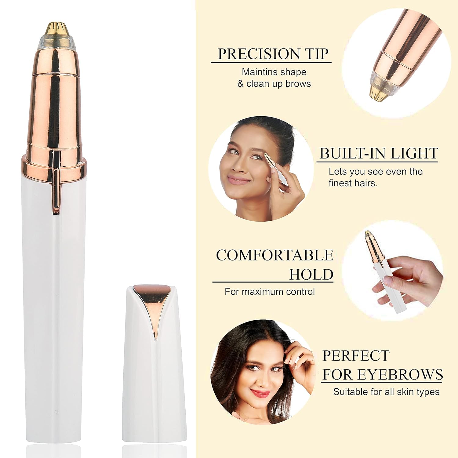 Flawless Eyebrow Trimmer for women. Pianless,Touch sensitive,18K Gold Platted Battery operated Eyebrow Hair Remover For women. Battery not included.