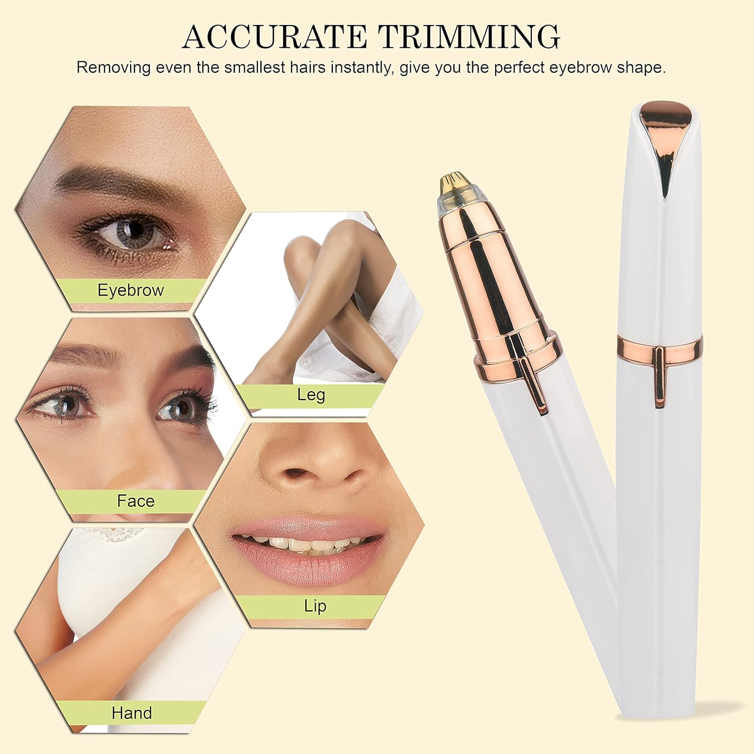 Flawless Eyebrow Trimmer for women. Pianless,Touch sensitive,18K Gold Platted Battery operated Eyebrow Hair Remover For women. Battery not included.